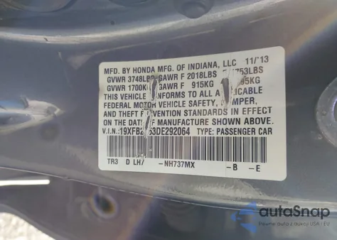 2013 Honda Civic Lx z USA, uszkodzony, nr VIN 19XFB2F53DE292064